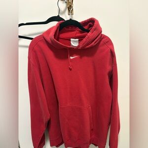 Vintage Nike Red Hoodie with Center White Swoosh - Men's Pullover Sweatshirt